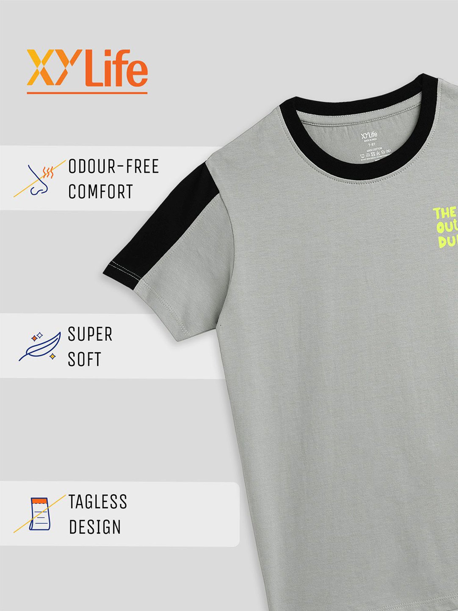 XY Life Boys Grey & Black Cotton Relaxed Fit T-Shirt