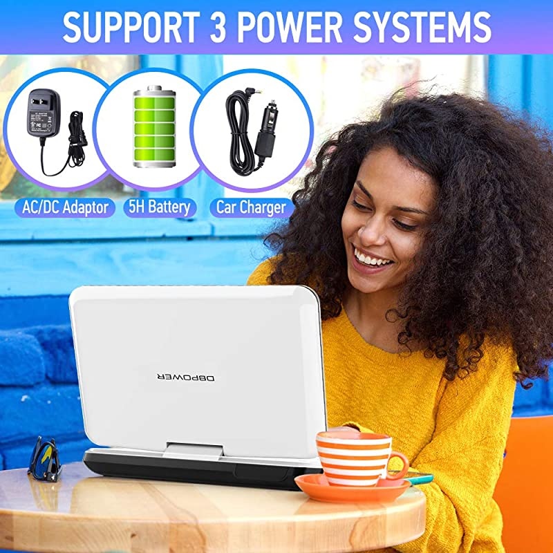 12 Portable DVD Player with 5Hour Rechargeable Battery 10 Swivel Display Screen SD Card Slot and USB Port with 18 Meter Car Charger and Power Adaptor Region FreeWhite