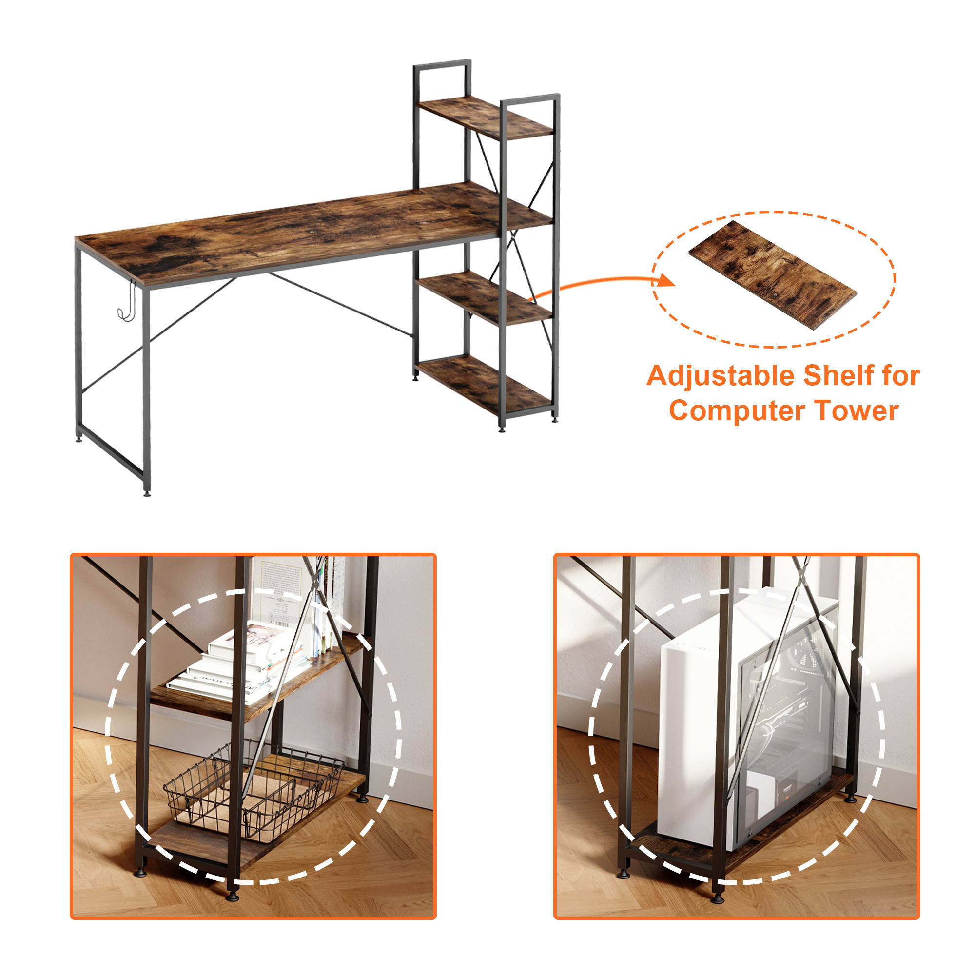 Bestier 63 Inch Computer Desk with Storage Shelves, Modern Bookshelf Desk with Headphone Hook Large Workstation Writing Desk with Reversible Bookshelves Home Office Work Table Study Desk Grey