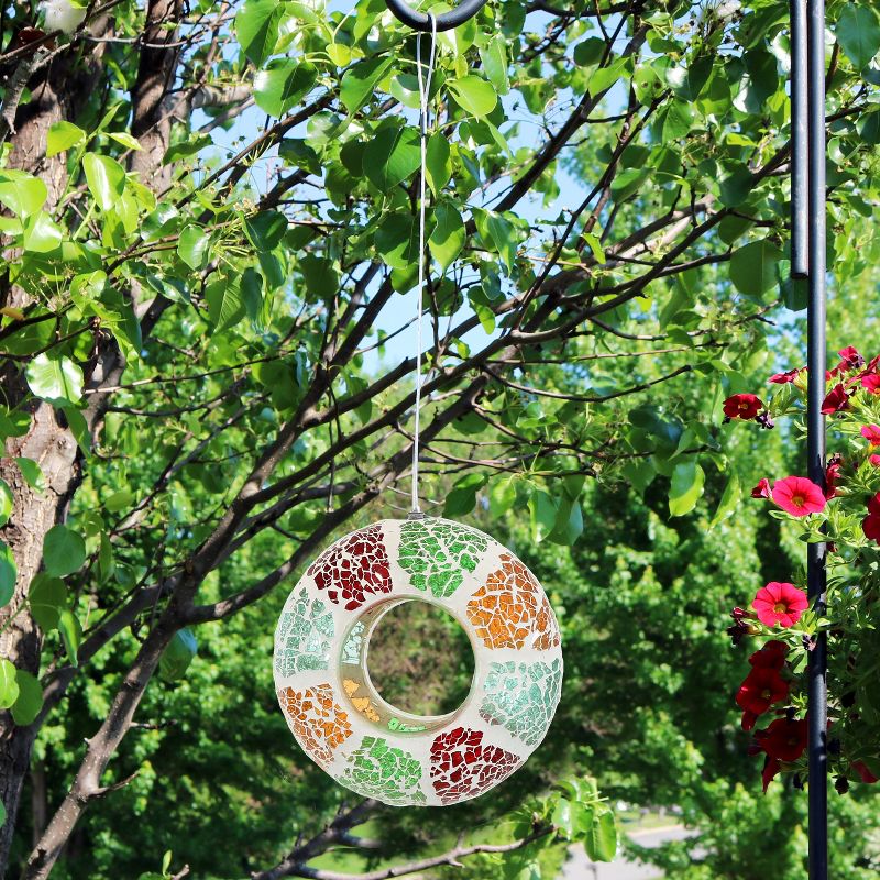 Sunnydaze Outdoor Garden Patio Round Glass with Summery Mosaic Design Hanging Fly-Through Bird Feeder - 6" - Red, Orange, Green, and Light Blue