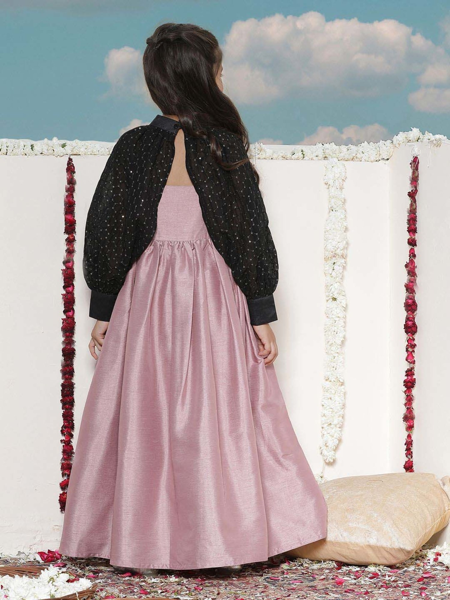 VASTRAMAY Girls Pink & Black Embroidery Full Sleeves Dresses