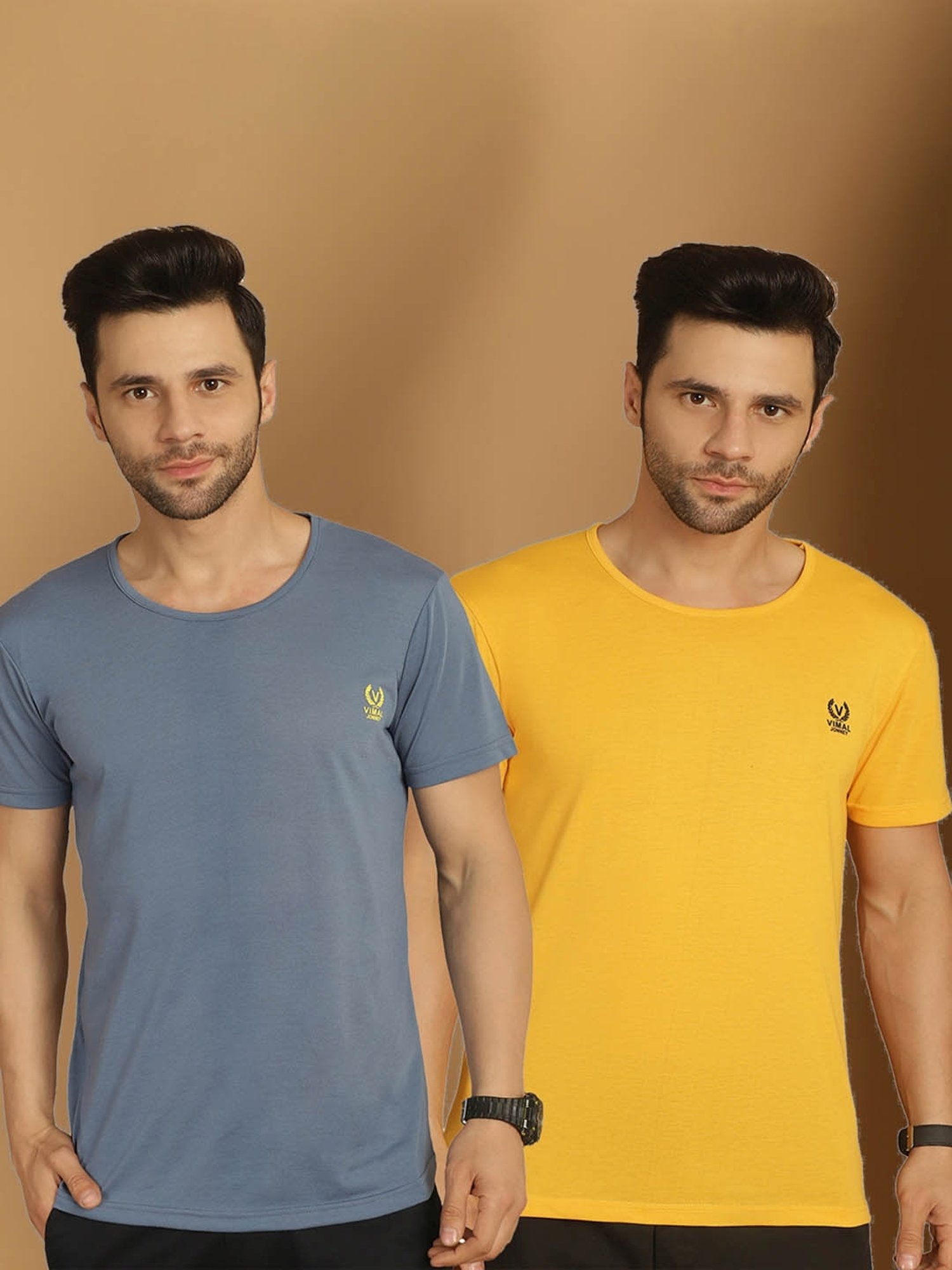 Vimal Jonney Grey & Yellow Regular Fit T-Shirt