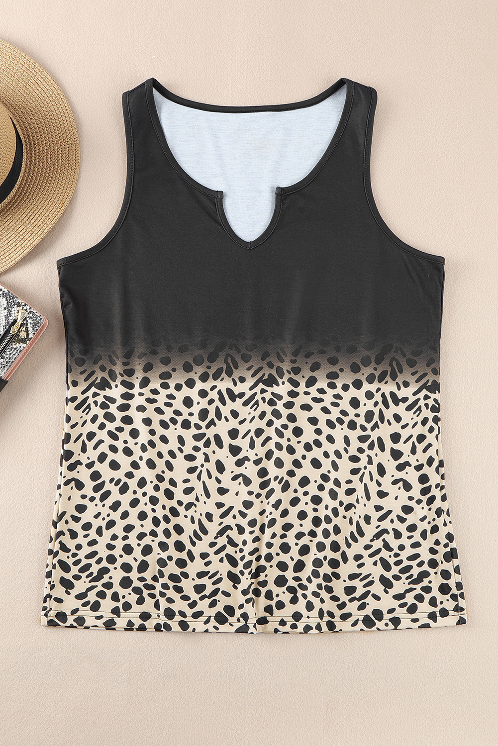 Black Gradient Leopard Split Neck Tank Top