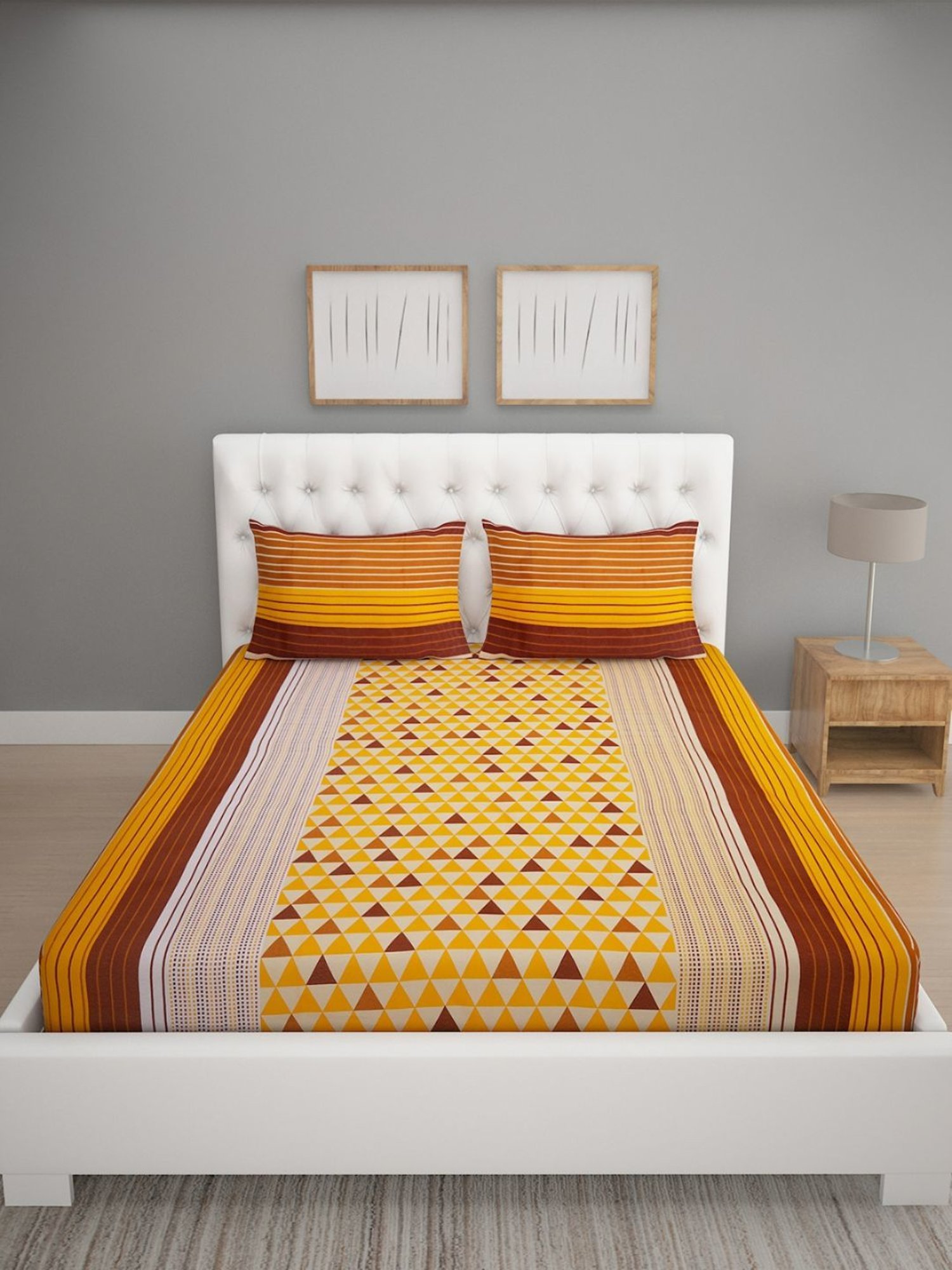 Romee Geometric Brown & Mustard 144 TC Cotton Queen Sized Bed Sheet with 2 Pillow Covers