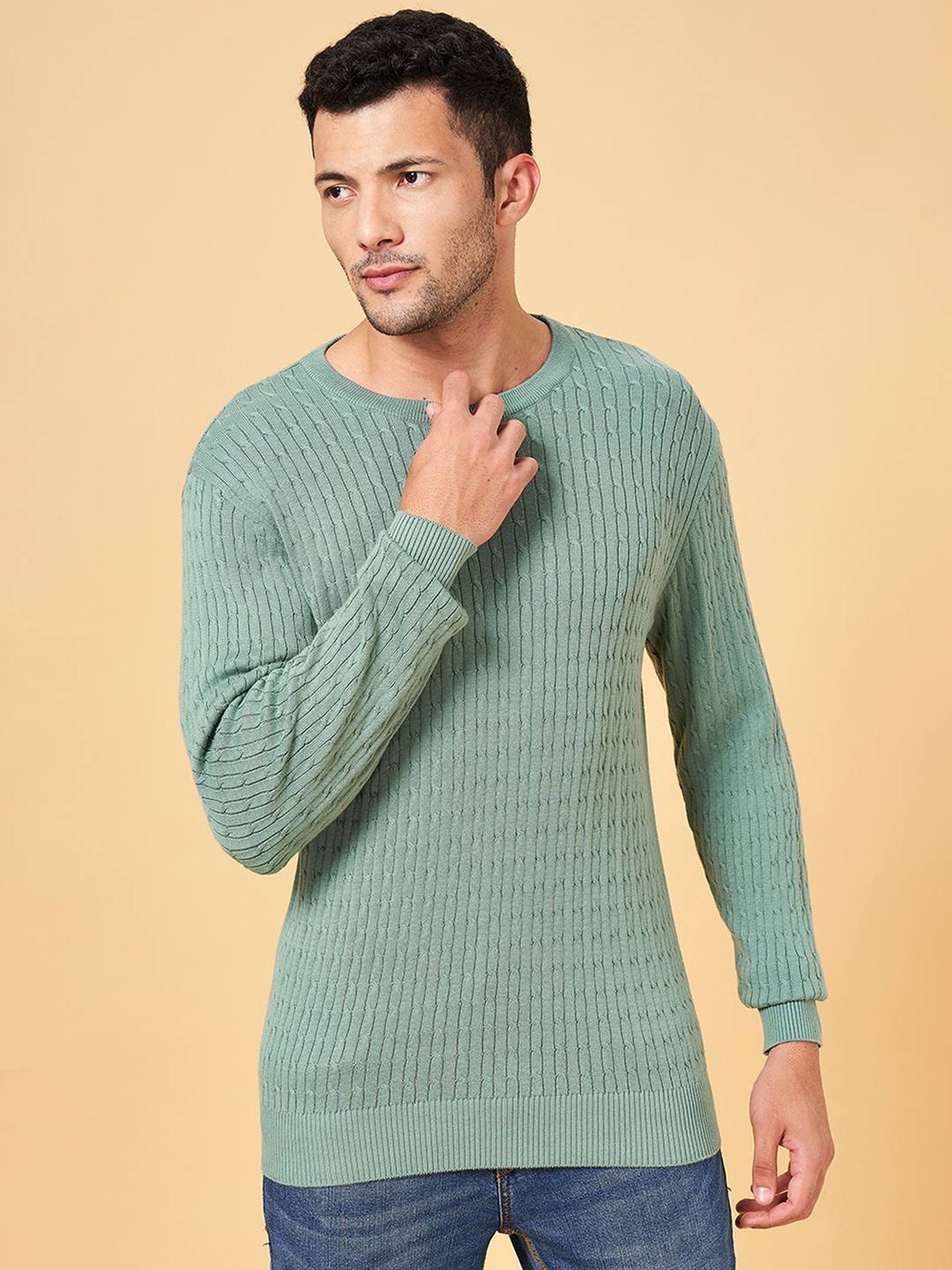 Byford by Pantaloons Green Cotton Slim Fit Self Pattern Sweater