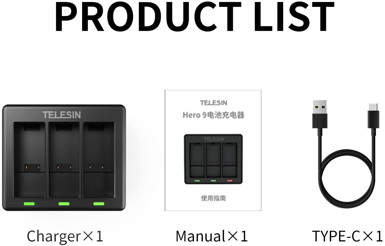 TELESIN 3-Channels USB Charger with Type-C Charger Cord for GoPro Hero 9 Black Camera, Fully Compatible with Go Pro 9 Original Batteries