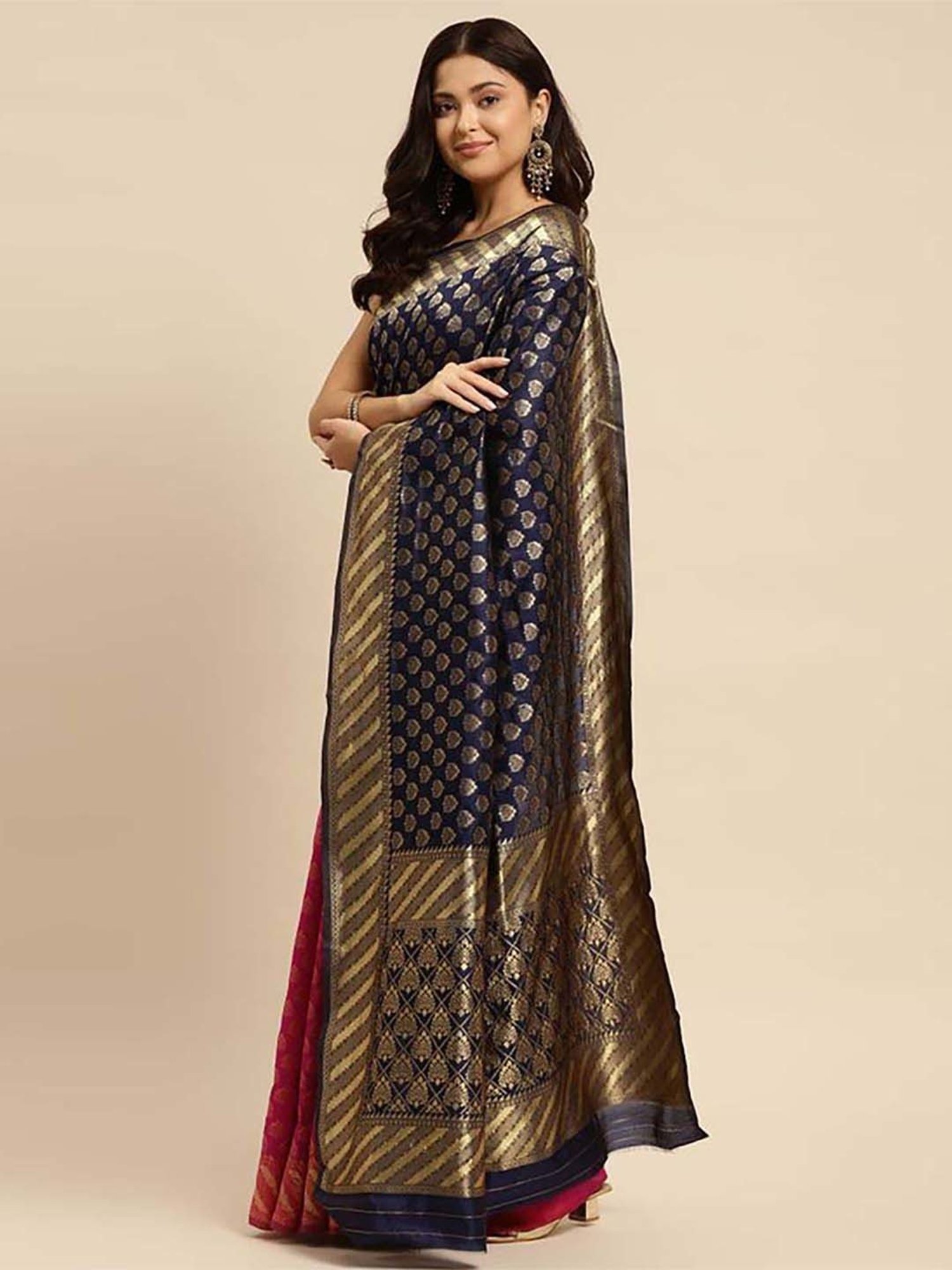 Rangita Navy & Pink Woven Saree With Unstitched Blouse