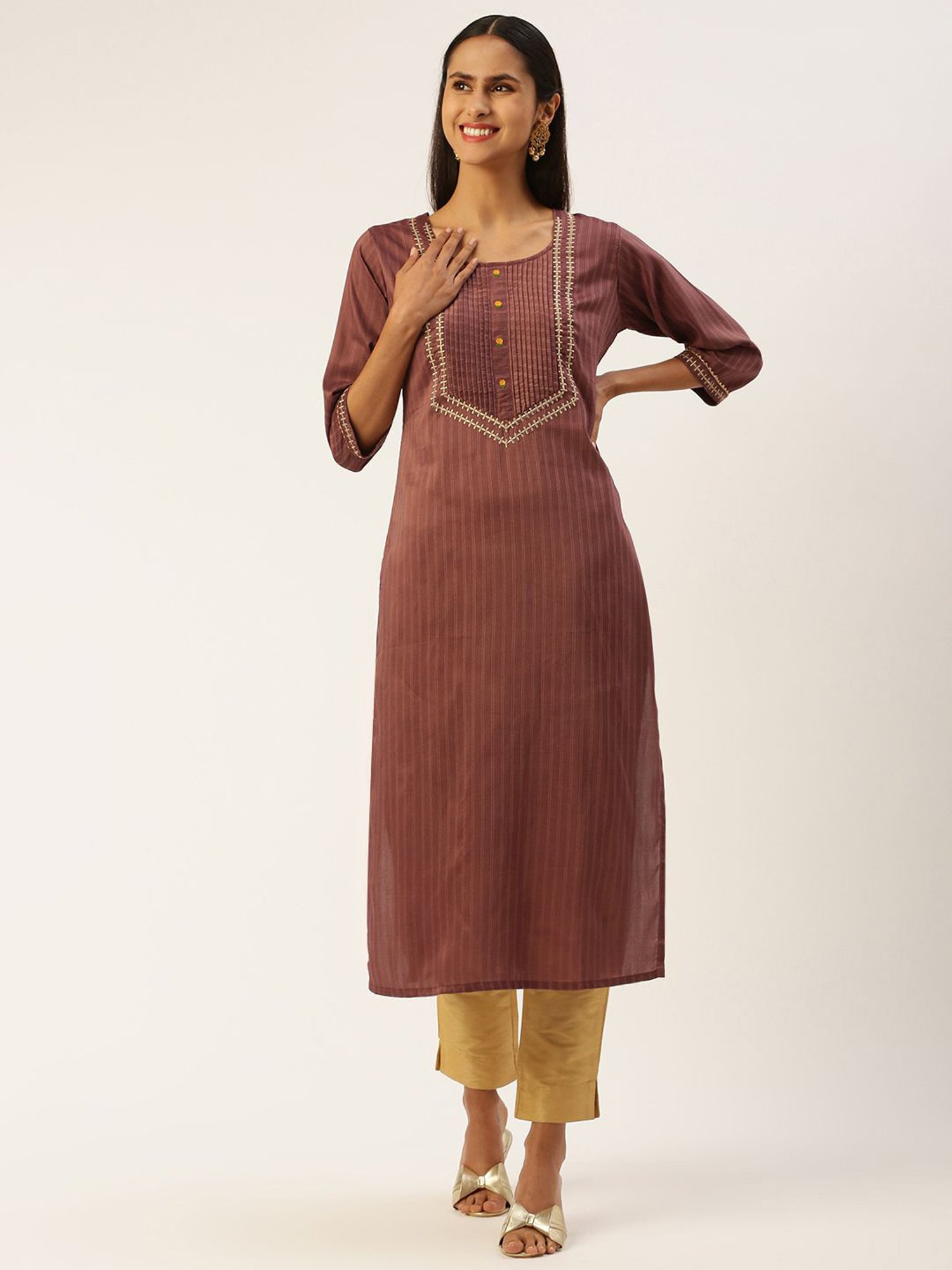 SHANVIKA Brown Striped Straight Kurta