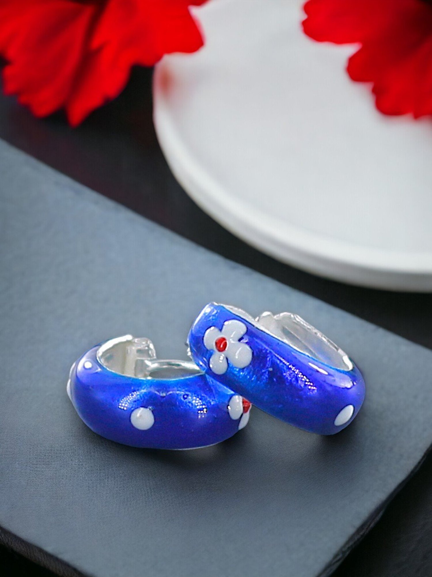 Taraash 92.5 Sterling Silver Enamelled Blue Hoop Earrings for Kids Girls
