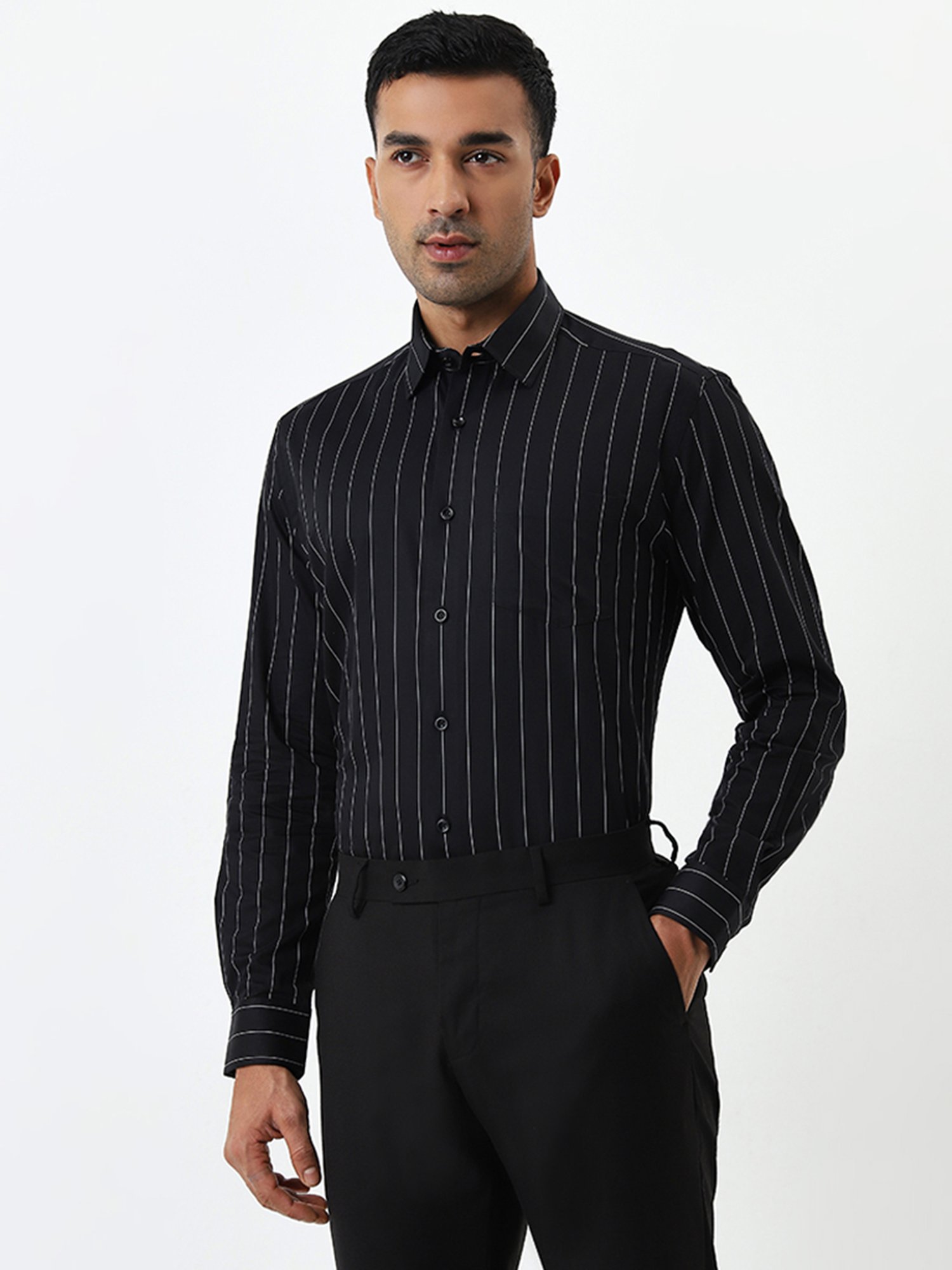 WES Formals by Westside Black Pinstriped Relaxed-Fit Cotton Shirt