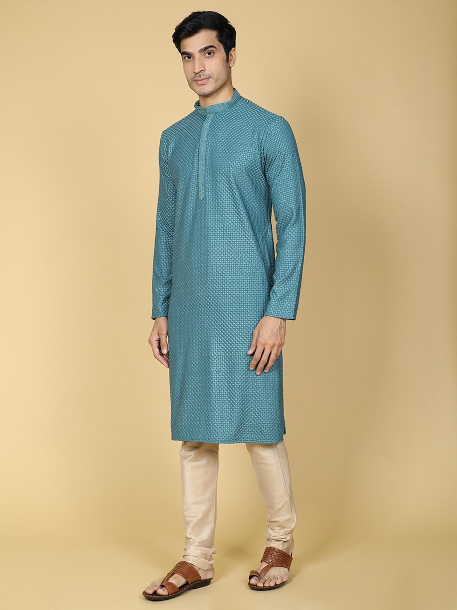 TABARD Green Cotton Regular Fit Chikankari Embroidery Full Sleeves Kurta Bottom Set