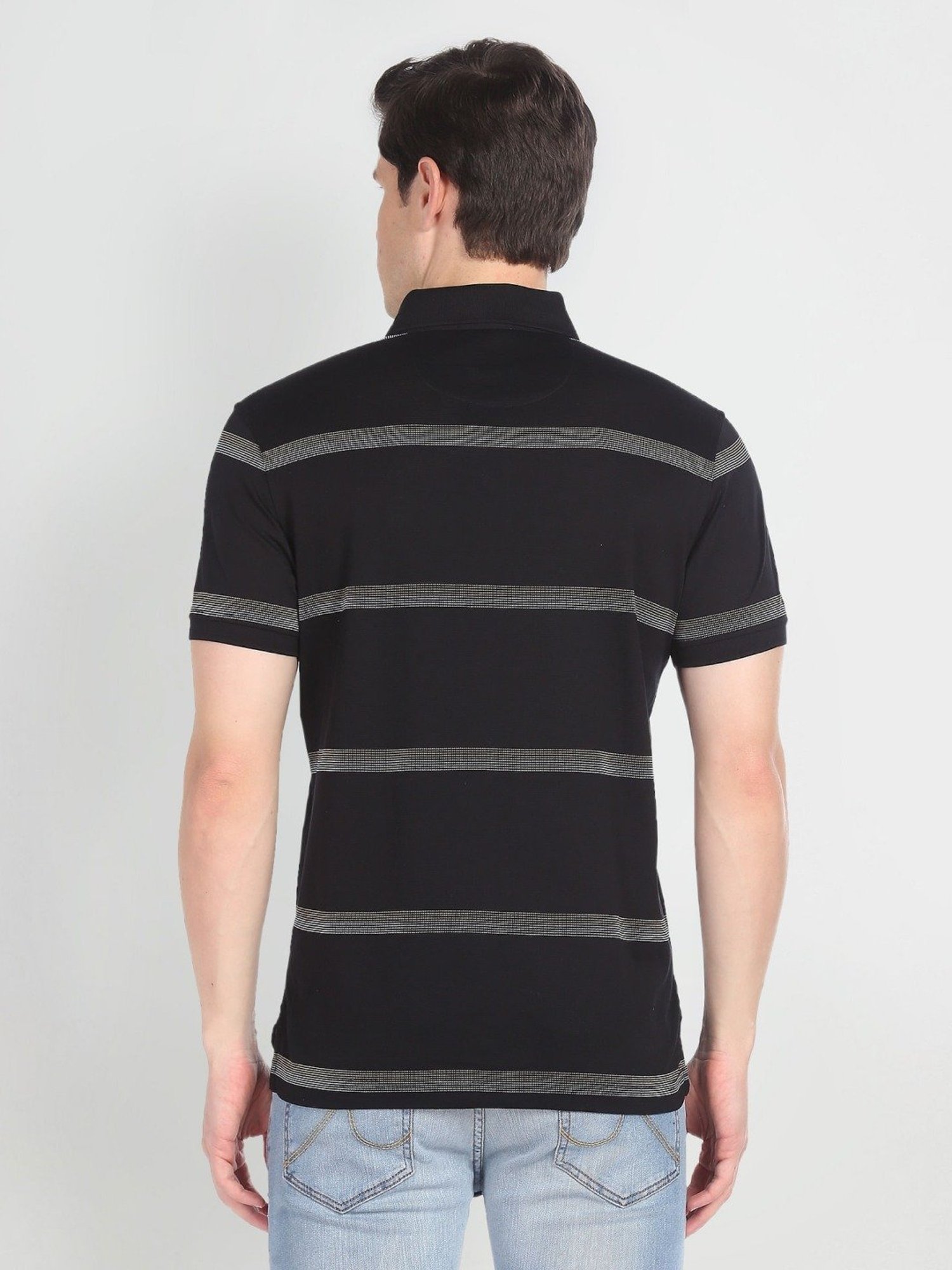 Arrow Black Cotton Regular Fit Striped Polo T-Shirt