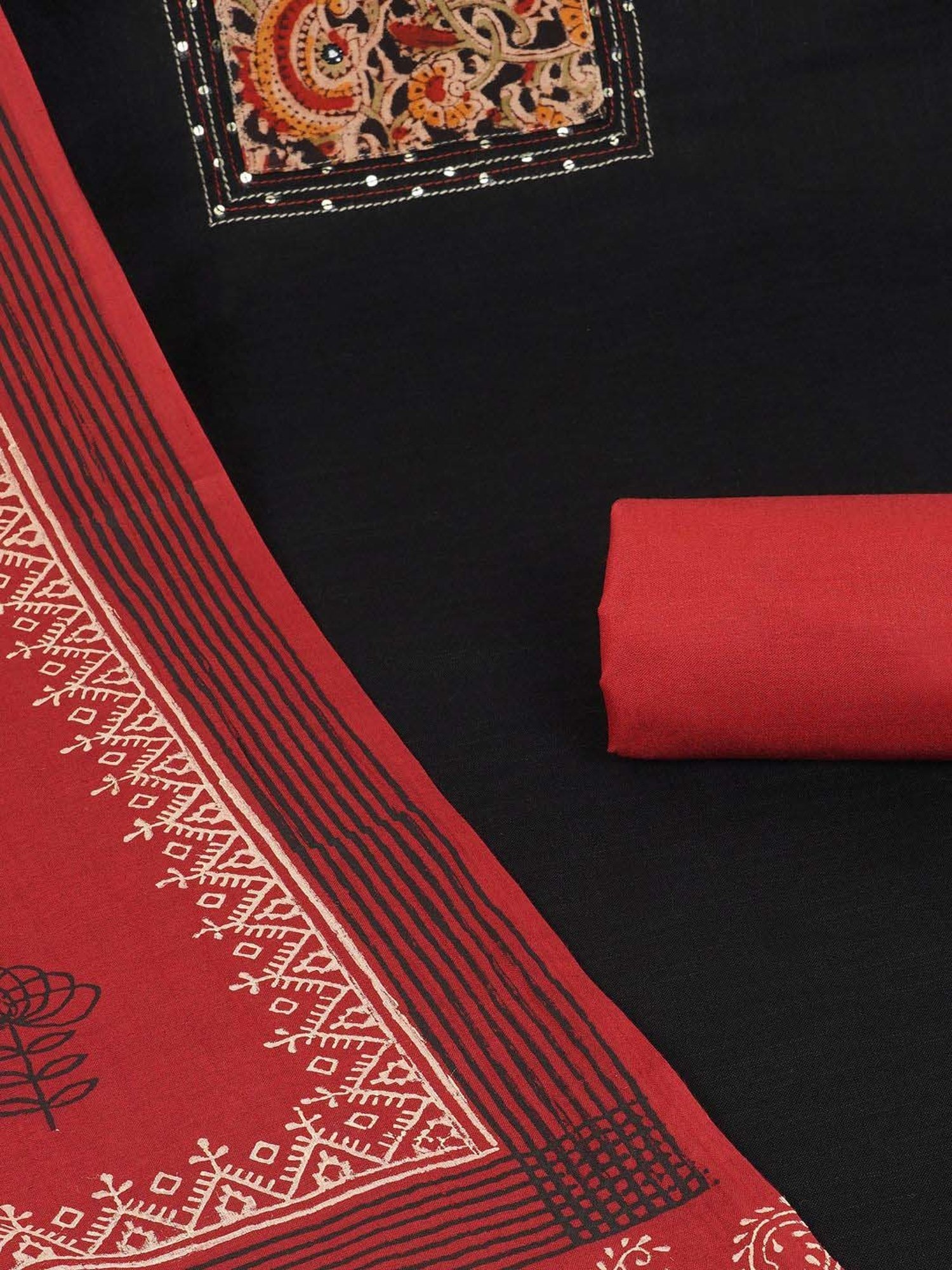 Kami Kubi Black Cotton Embellished Unstitched Dress Material