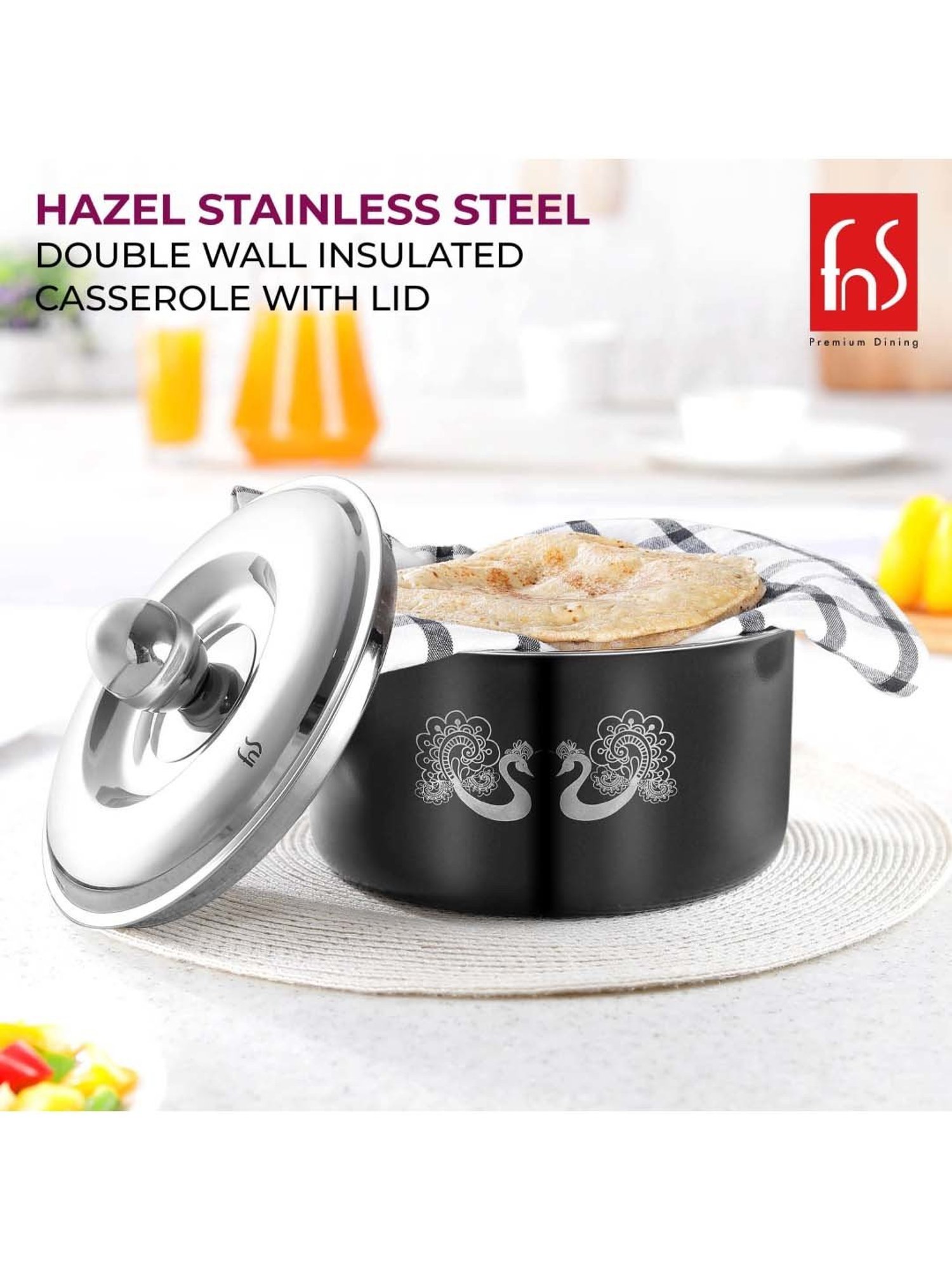 FnS Hazel Black Stainless Steel Casserole With Lid (2.2 L)
