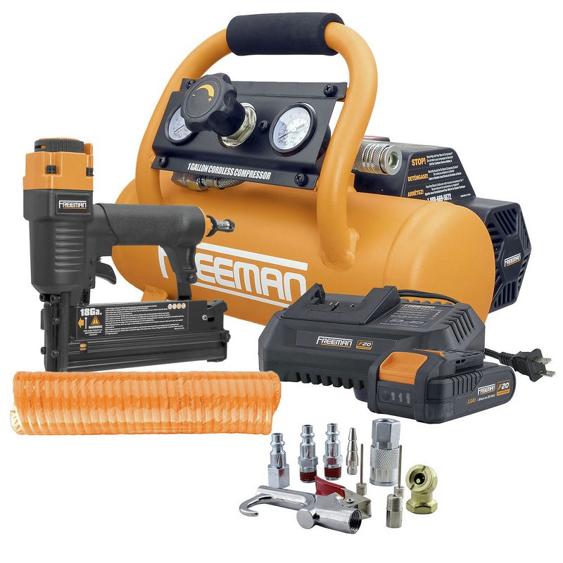 Freeman PE1GCCK 20V MAX 1/3 HP 1 Gallon Hot Dog Air Compressor and Nailer/Stapler Kit w/ Hose, Accessory, and Fasteners Set (4 Ah)