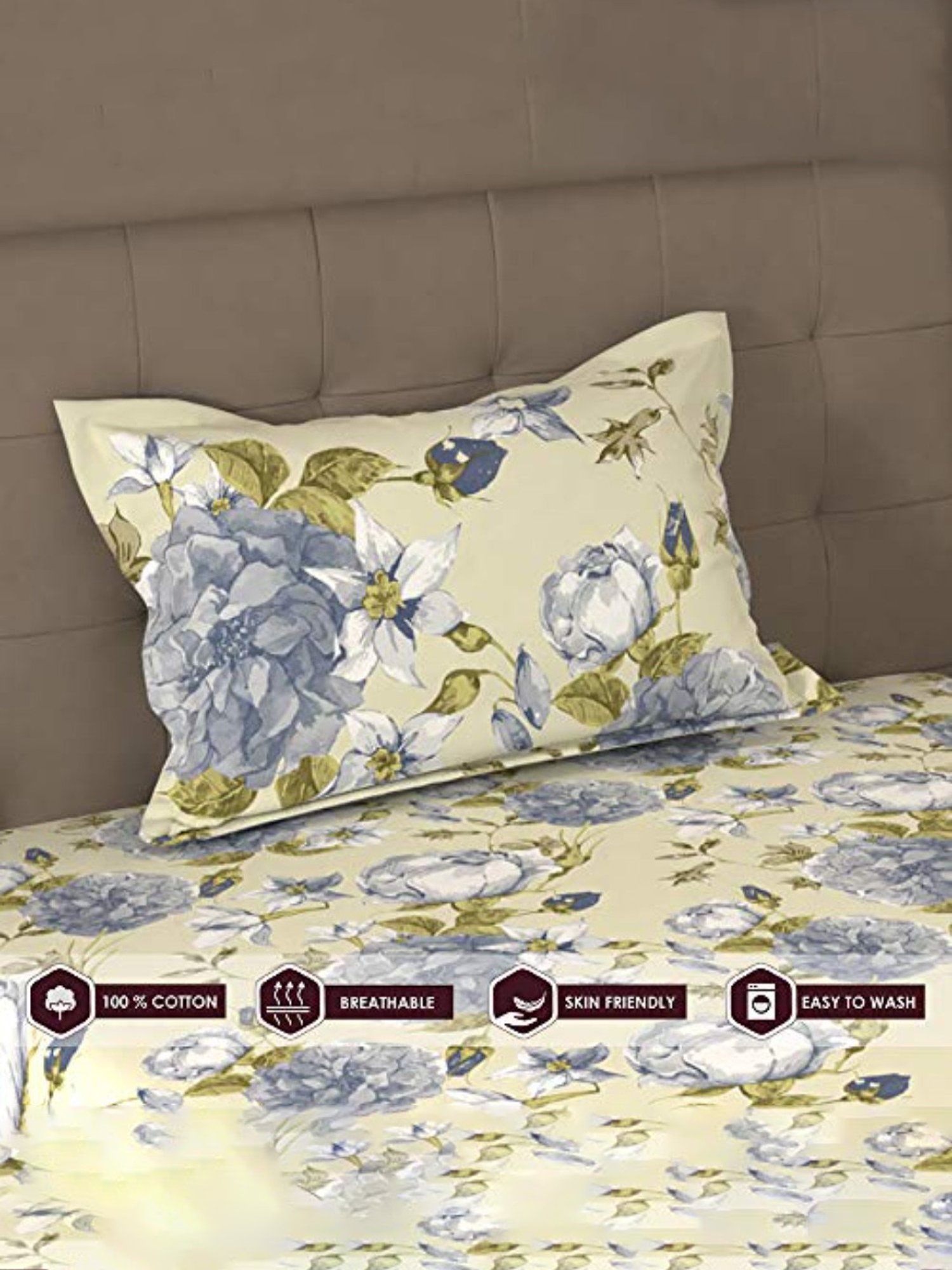 Layers Tuscany Printed Light Blue 104 TC Cotton Single Bed Sheet with 1 Pillow Cover