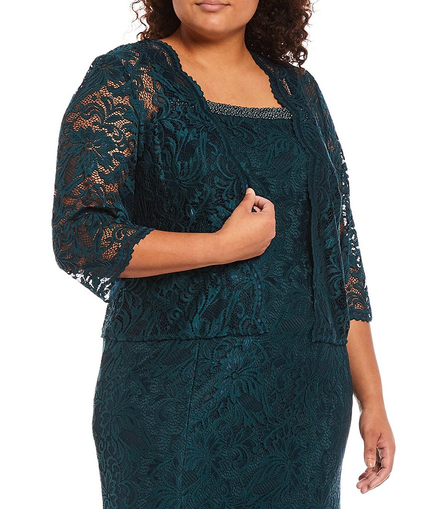 Le Bos Plus Size Embroidered Stretch Lace Square Neck 3/4 Sleeve 2-Piece Jacket Dress