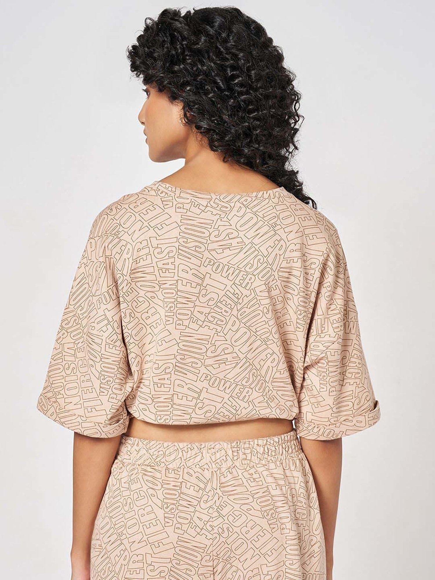 Ajile by Pantaloons Beige Cotton Printed Cropped T-Shirt