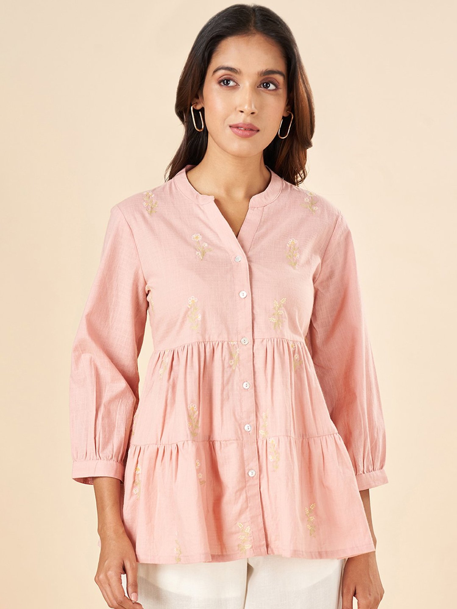 Akkriti by Pantaloons Pink Cotton Embroidered Tunic