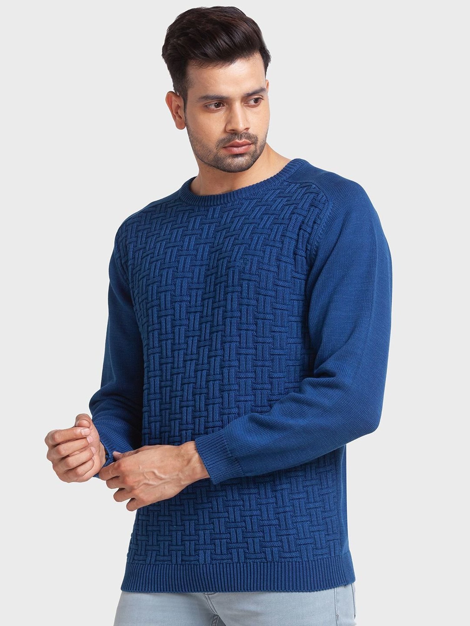 ColorPlus Blue Cotton Tailored Fit Self Pattern Sweaters