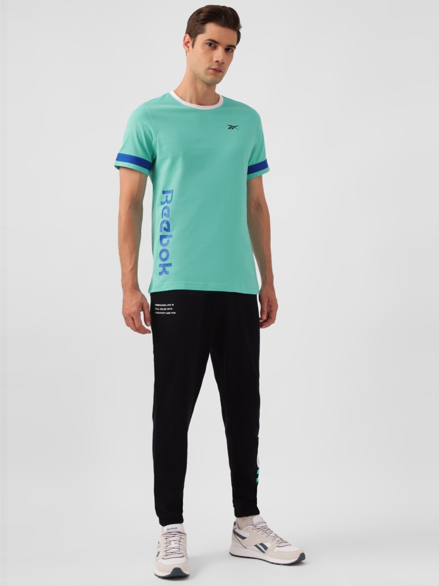 Reebok Green Cotton Slim Fit Logo Printed Sports T-Shirt