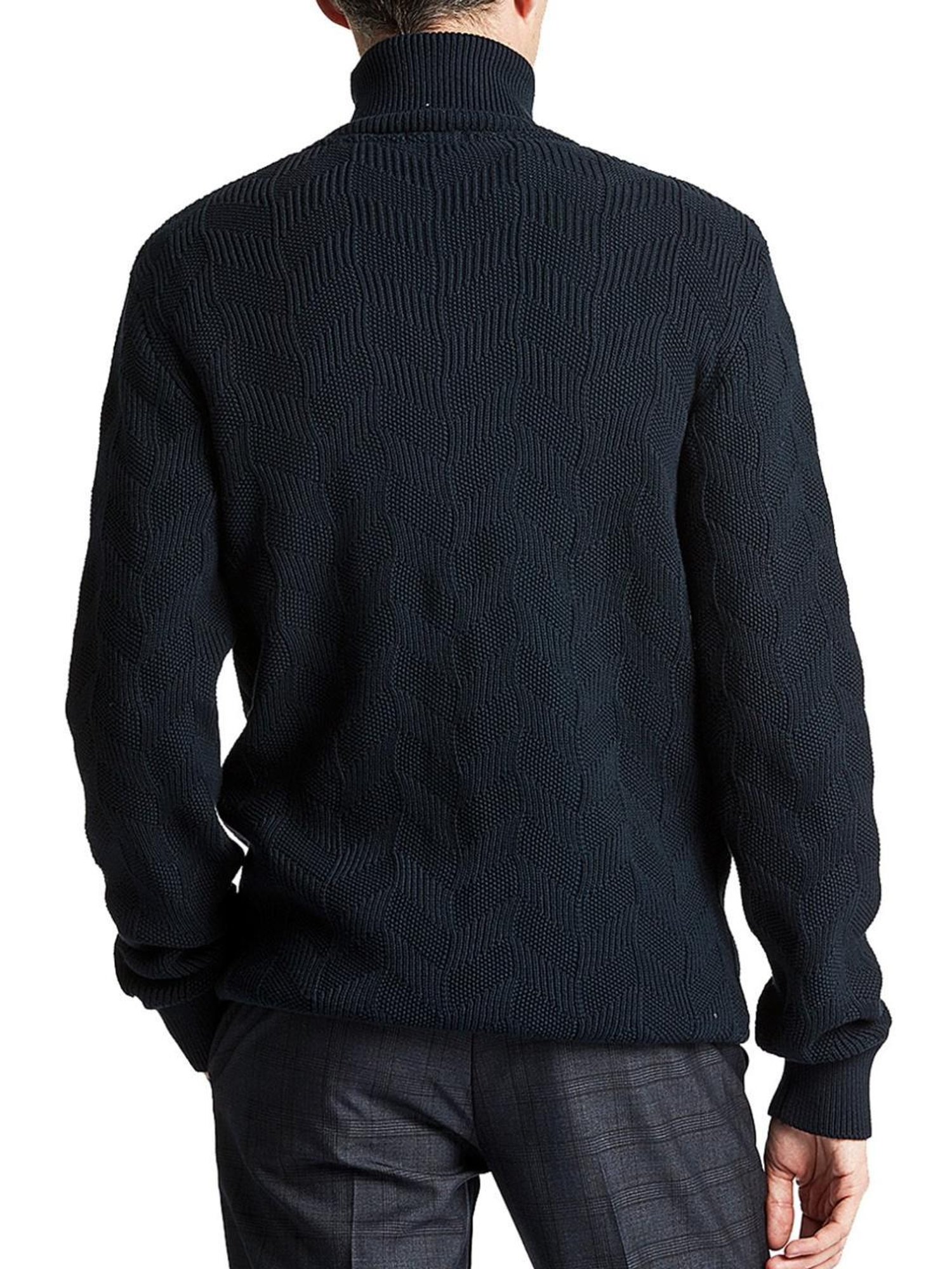 Lindbergh Navy Blue Cotton Regular Fit Self Pattern Sweaters