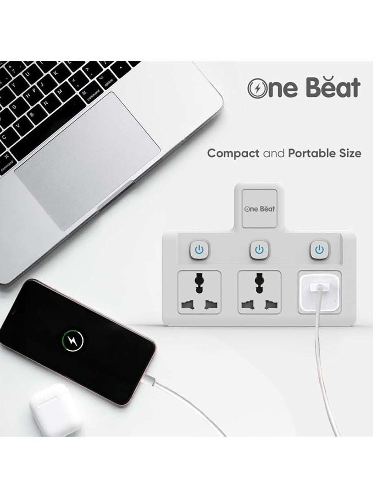 One Beat Ob-203 3 Socket Extension Boards with LED Indicator (White & Grey, 2 m)