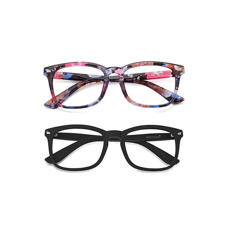 Blue Light Blocking Glasses Anti Eye Strain Headache Sleep BetterComputer Reading Glasses UV400 Transparent Lens Matte Black Frame + Flower Frame 2 PACK 53