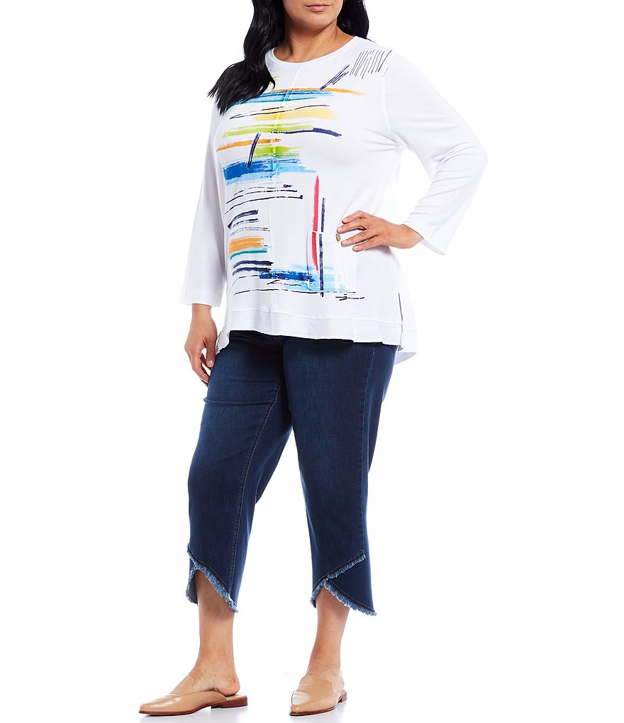 Multiples Plus Size Wide Waistband Pull-On Fringed Lapped Hem Crop Pants