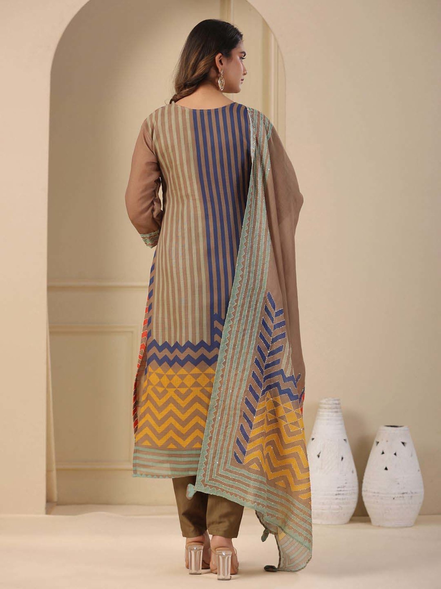 Fashor Brown & Blue Cotton Striped Kurta & Pant Set With Dupatta