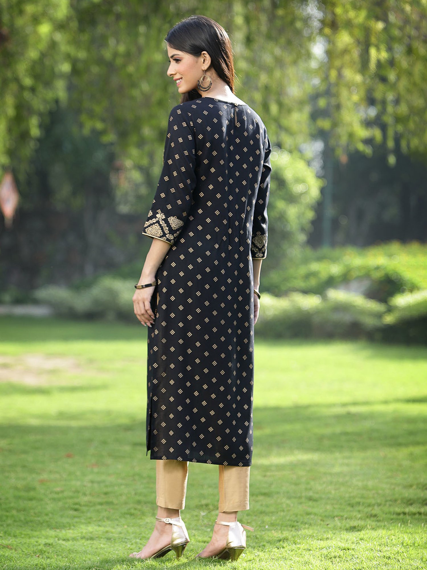 Juniper Black Ethnic Motif Printed Rayon Straight Kurta