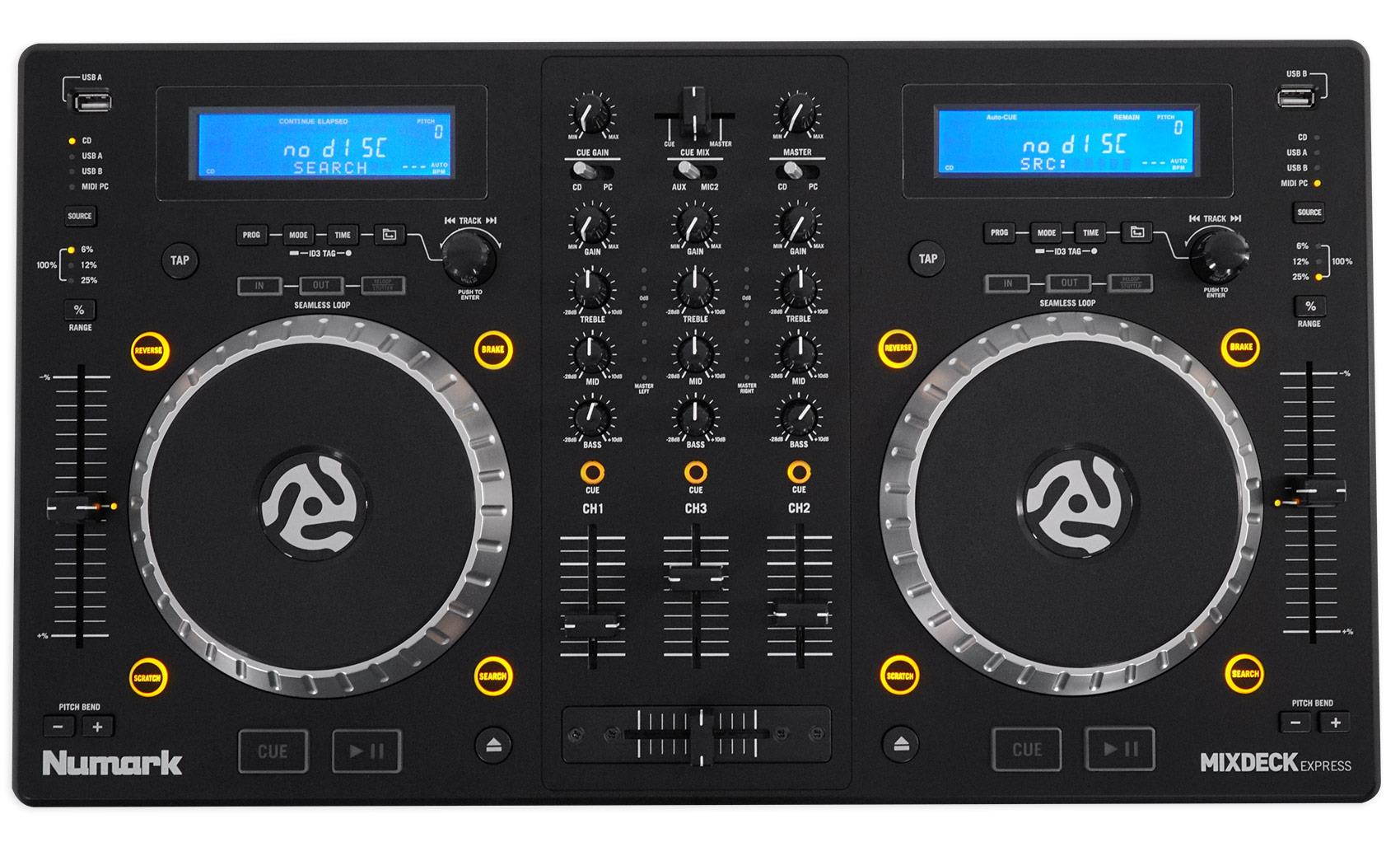 Numark Mixdeck Express DJ Mixer/Controller, Dual CD+USB Playback+Headphones+Mics