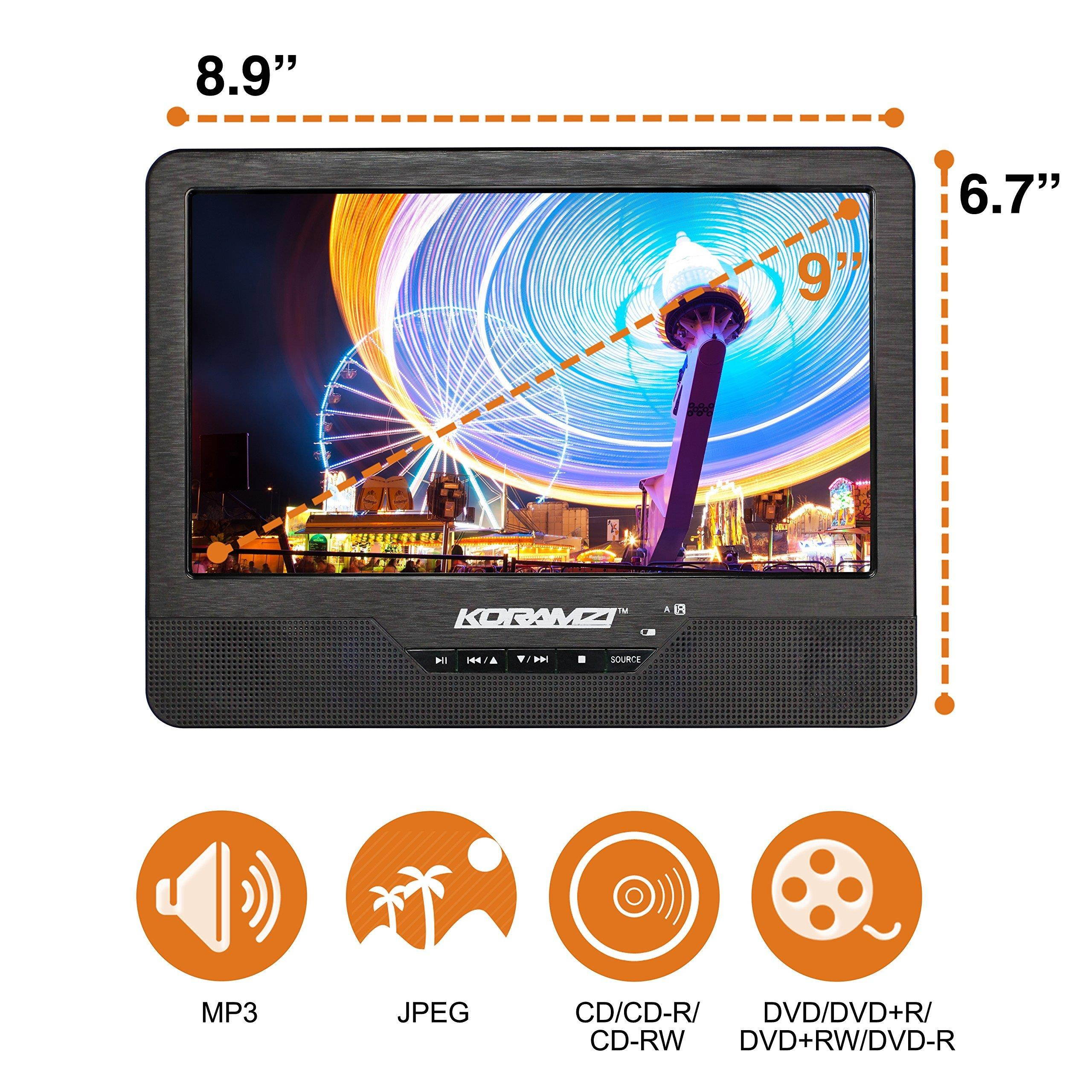 Koramzi Portable 9" Dual Screen Dual DVD Player W Rechargeable Battery/ AC Adapter/ AV in/ USB &SD Card Reader/ Remote Control/ Car Adapter/ IR Transmitter Ready/ USB /Headrest Mounting Kit