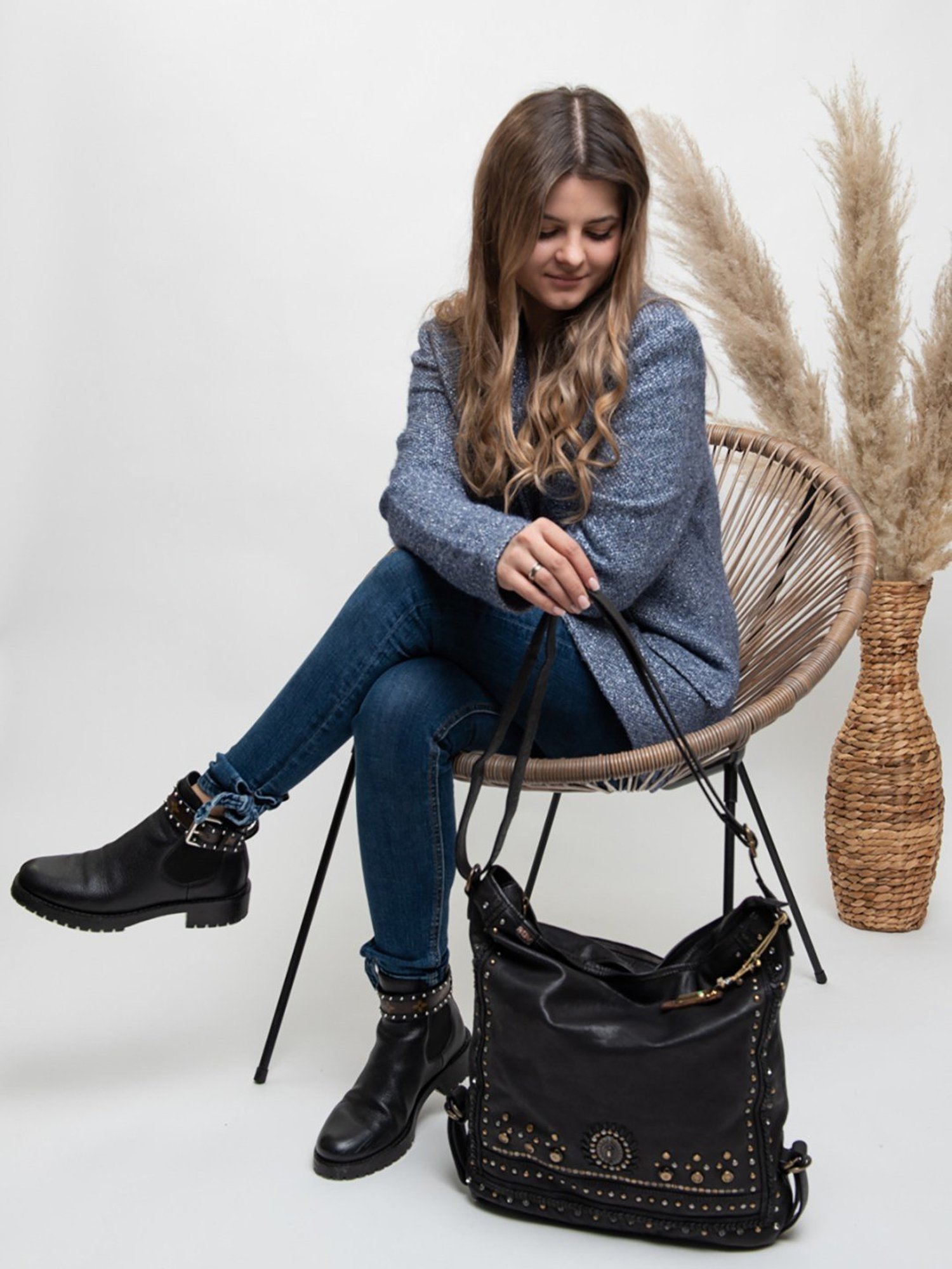 Art N Vintage Savio Black Leather Embellished Medium Sling Handbag