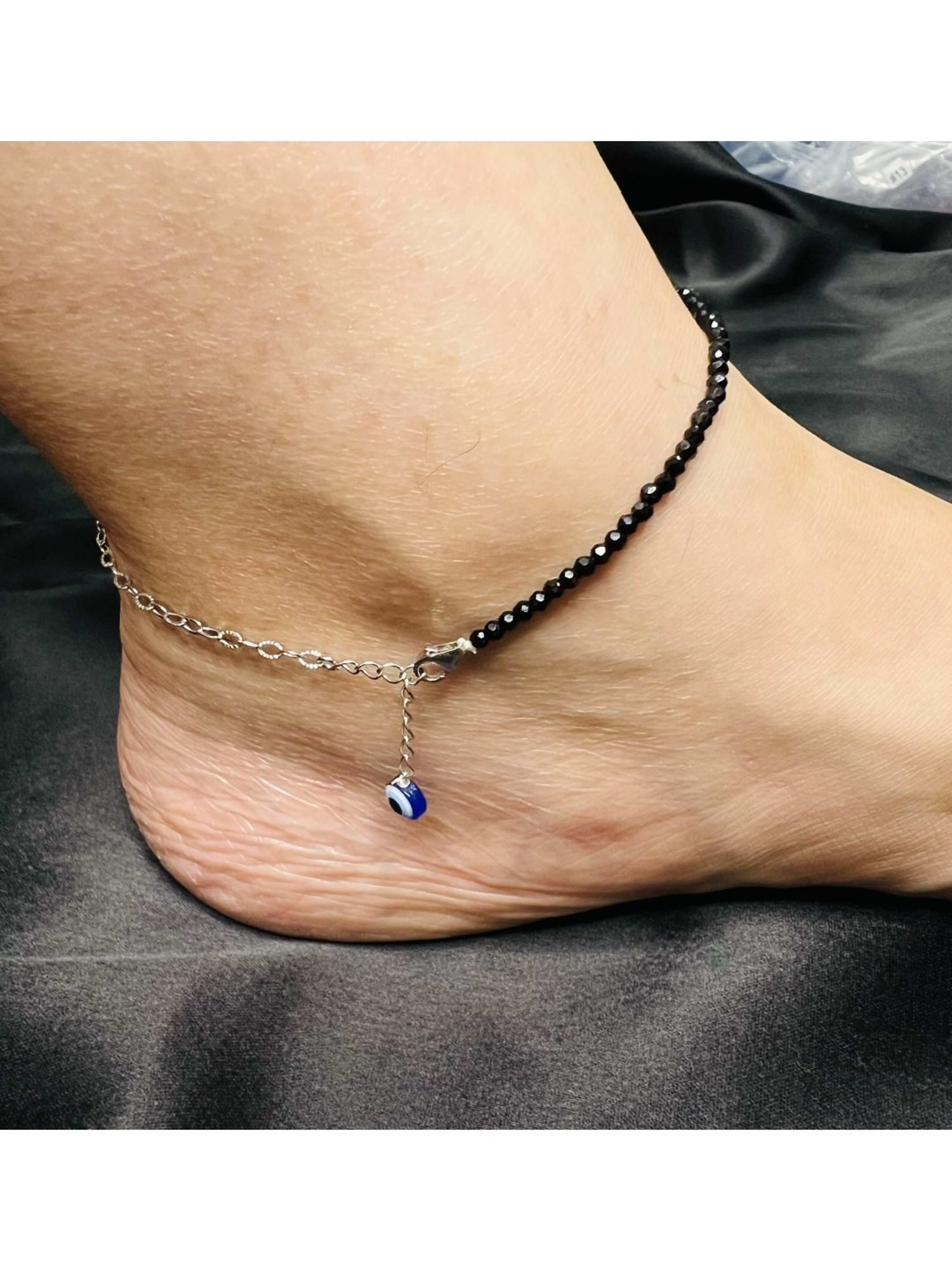 Arte Jewels 925 Sterling Silver Black Beads Evil Eye Anklet for Women & Girls (Single Anklet)