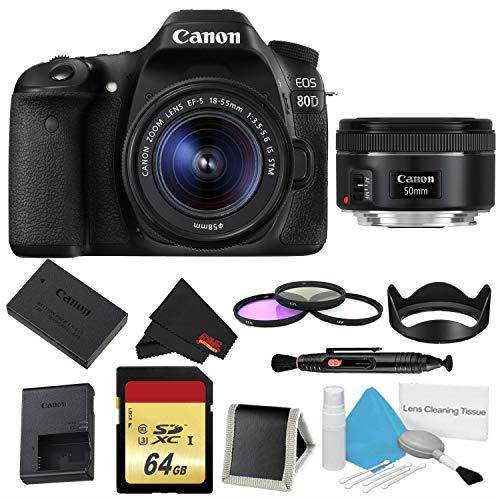 Canon EOS 80D DSLR Camera with 18-55mm Lens Bundle w/ 3 Piece Filter & Memory Kit + 50mm Lens (Intl Model)