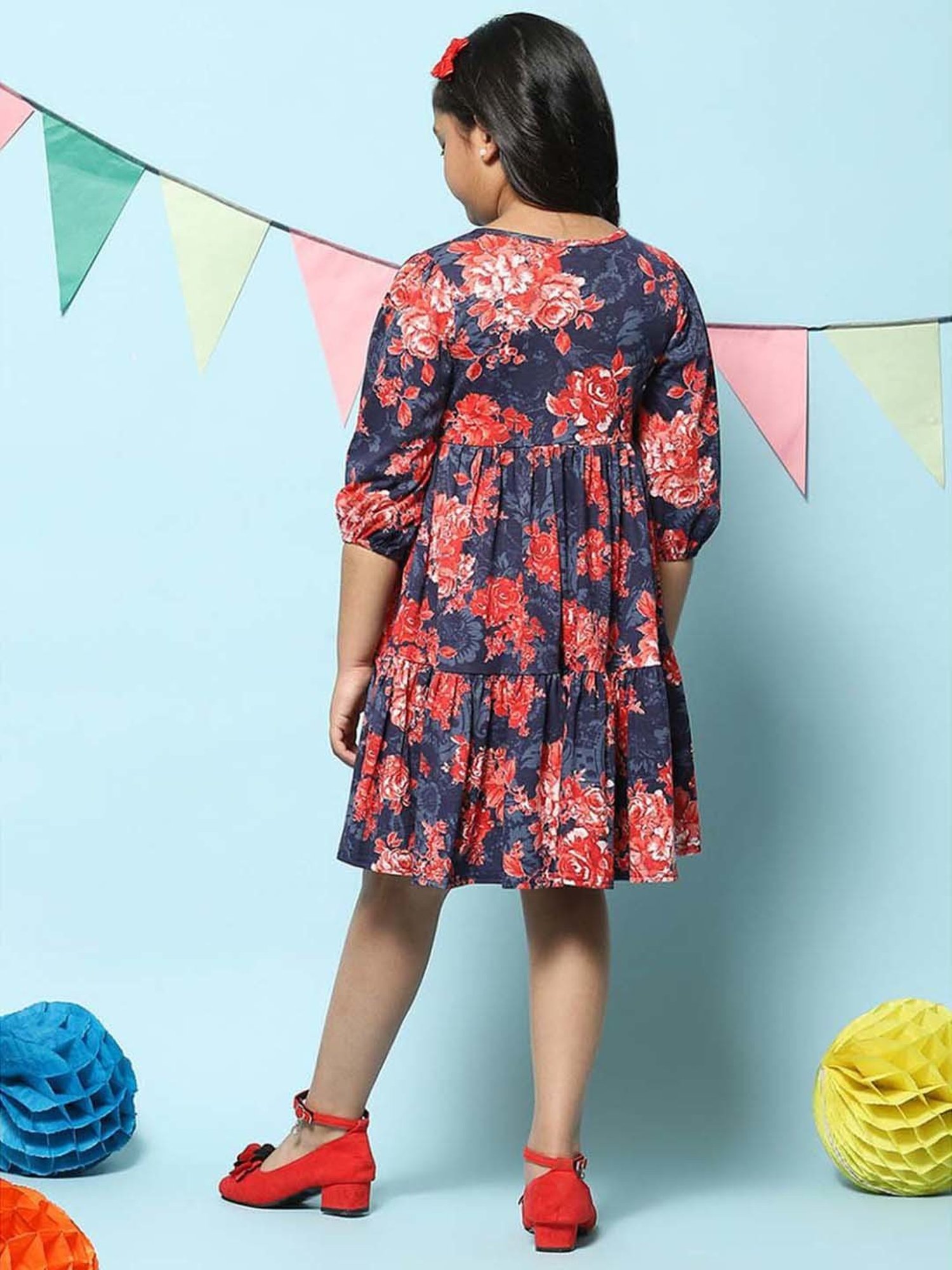 BIBA Girls Kids Blue & Coral Cotton Printed Dress