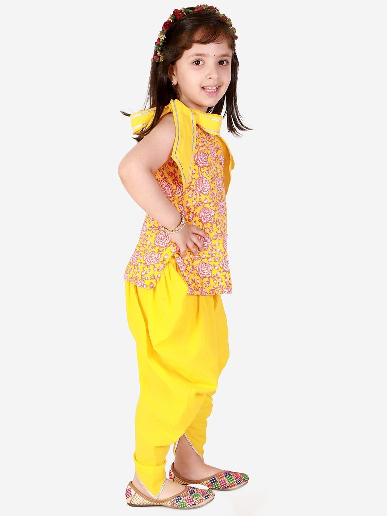 Lil Drama Kids Yellow & Pink Cotton Floral Print Kurta Set