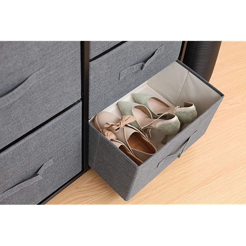 Storage Cube Dresser Organizer for Closet Nursery Bathroom Laundry or Bedroom 5 Fabric Drawers Solid Wood Top Durable Steel Frame Charcoal