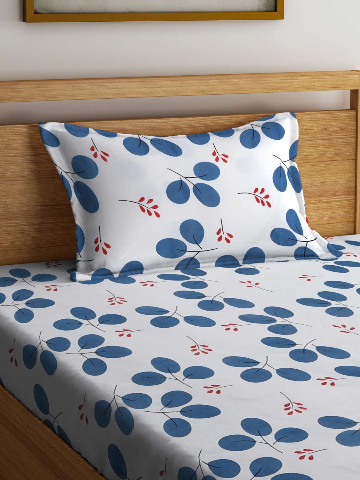 Klotthe Printed White & Blue 300 TC Cotton Blend Single Bed Sheet with Pillow Cover