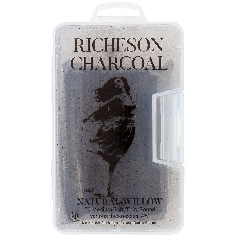 Richeson Natural Willow Non-Toxic Medium Soft Round Thin Charcoal Stick, 4-3/8  in, Black, pk of 50