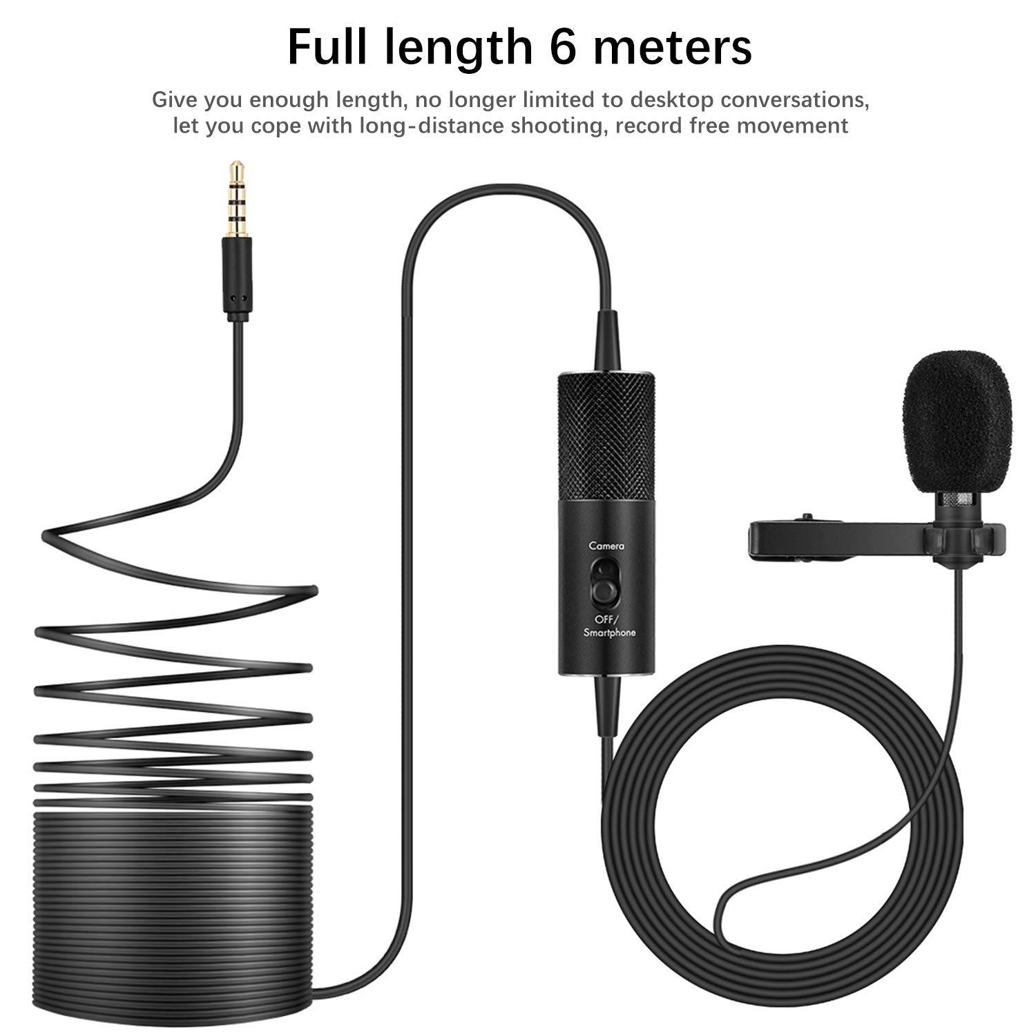 Lavalier Microphone, IUKUS Professional Clip-on Lapel Mic Omnidirectional Condenser Lavalier Microphone with 6M/19FT Cord for Camera/Smartphone