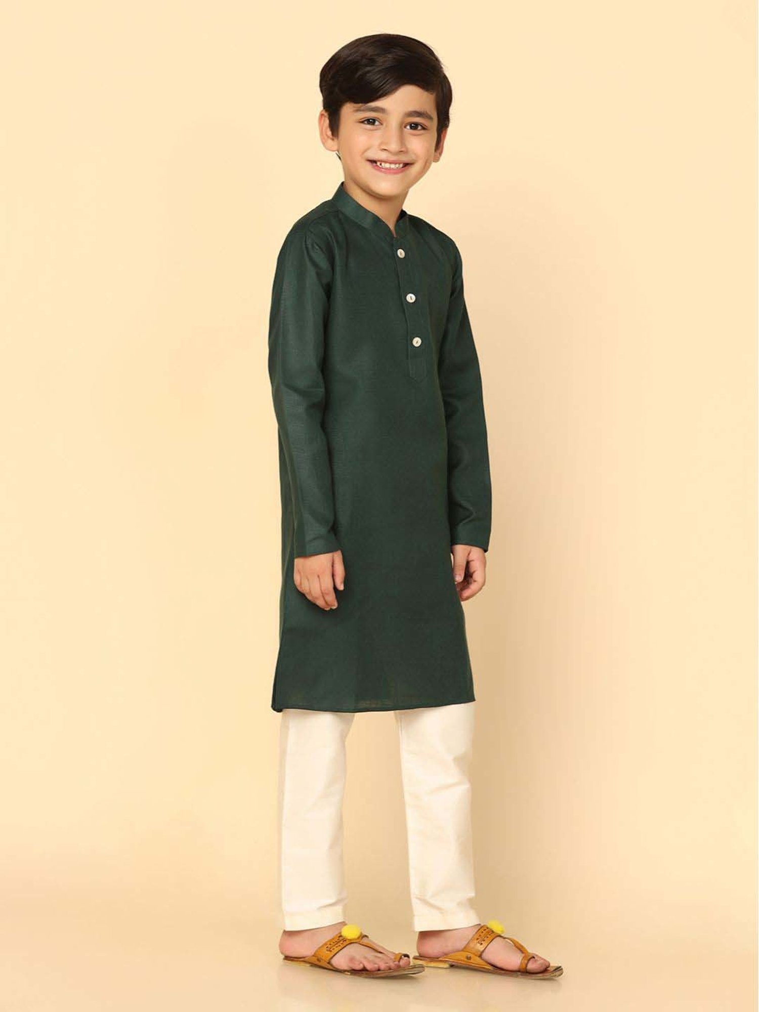KISAH Kids Green & White Regular Fit Full Sleeves Kurta Set