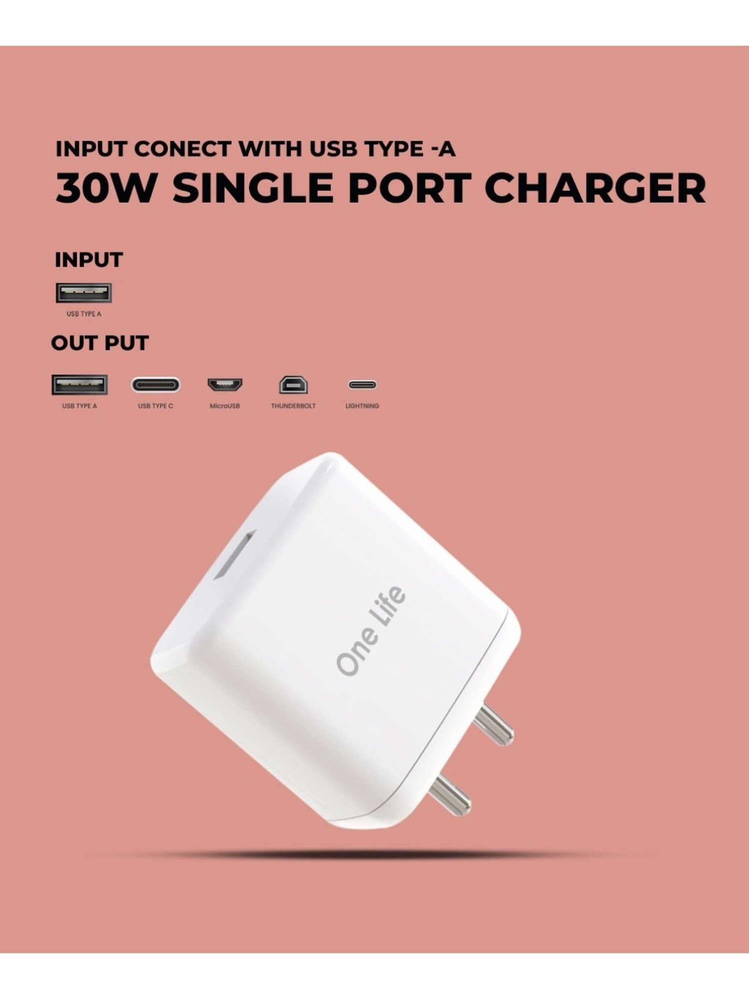 One Life OLCH-17 33W Single Port USB Fast Wall Charger Adapter with 1 m Type C Cable (White)