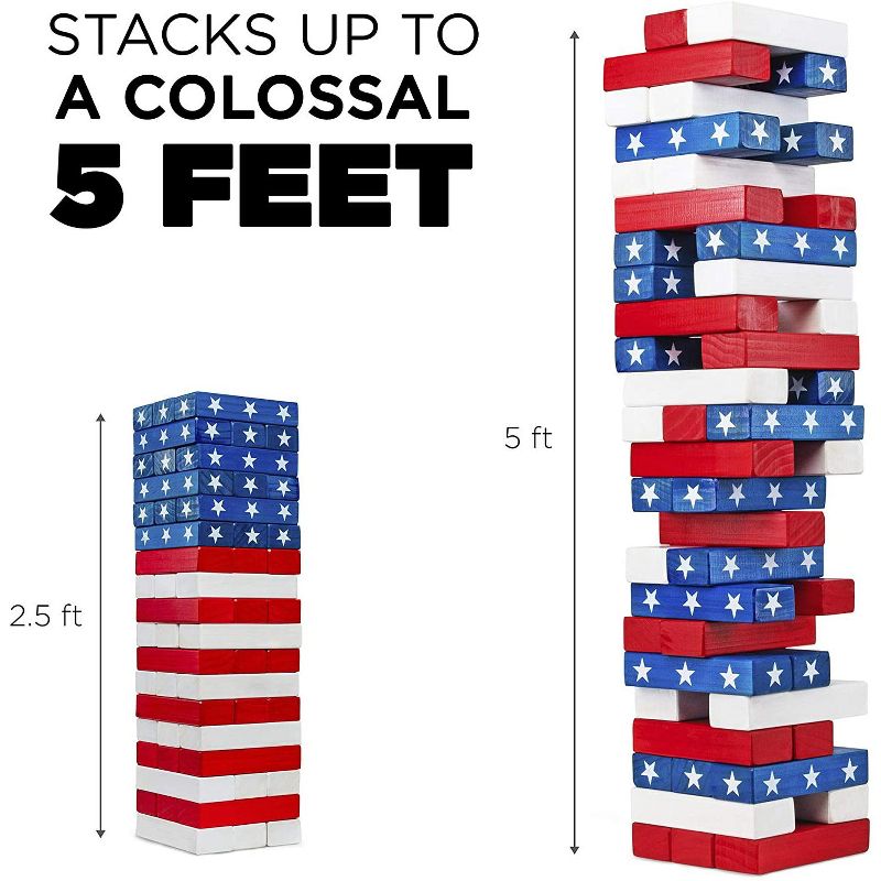 Sunny & Fun Giant Flag Tumbling Tower | 54 Piece Set Oversized Wooden Toppling Blocks | Indoor & Outdoor Stacking Yard Game for Adults & Kids | Great for Party Lawn Backyard | w/ Storage Carry Bag