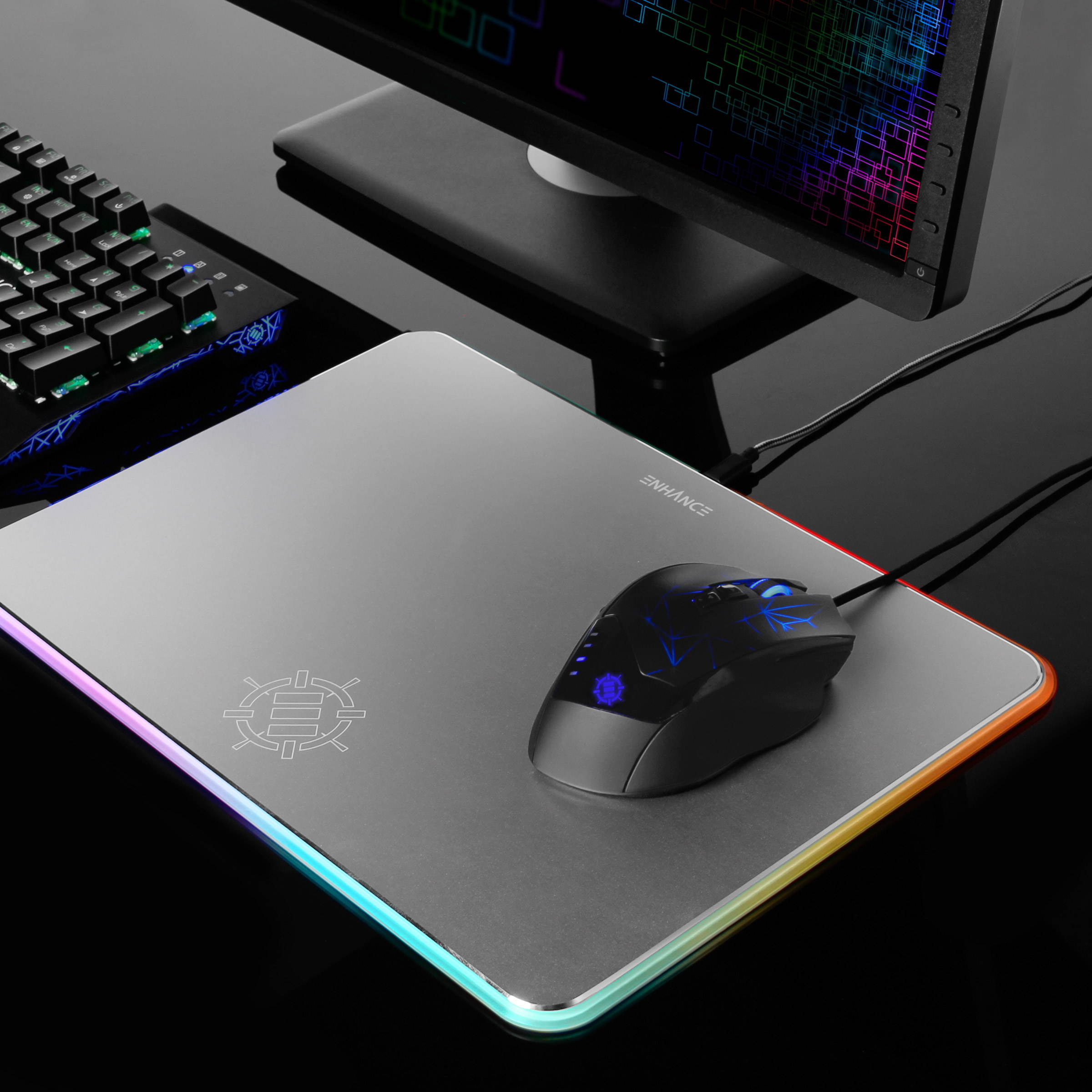 ENHANCE Metal LED Gaming Mouse Pad - Large Aluminum Alloy Surface with Multi-Color Transparent Edges , Non-Slip Rubber Grip , & Sleek Precision Tracking for eSports - Silver