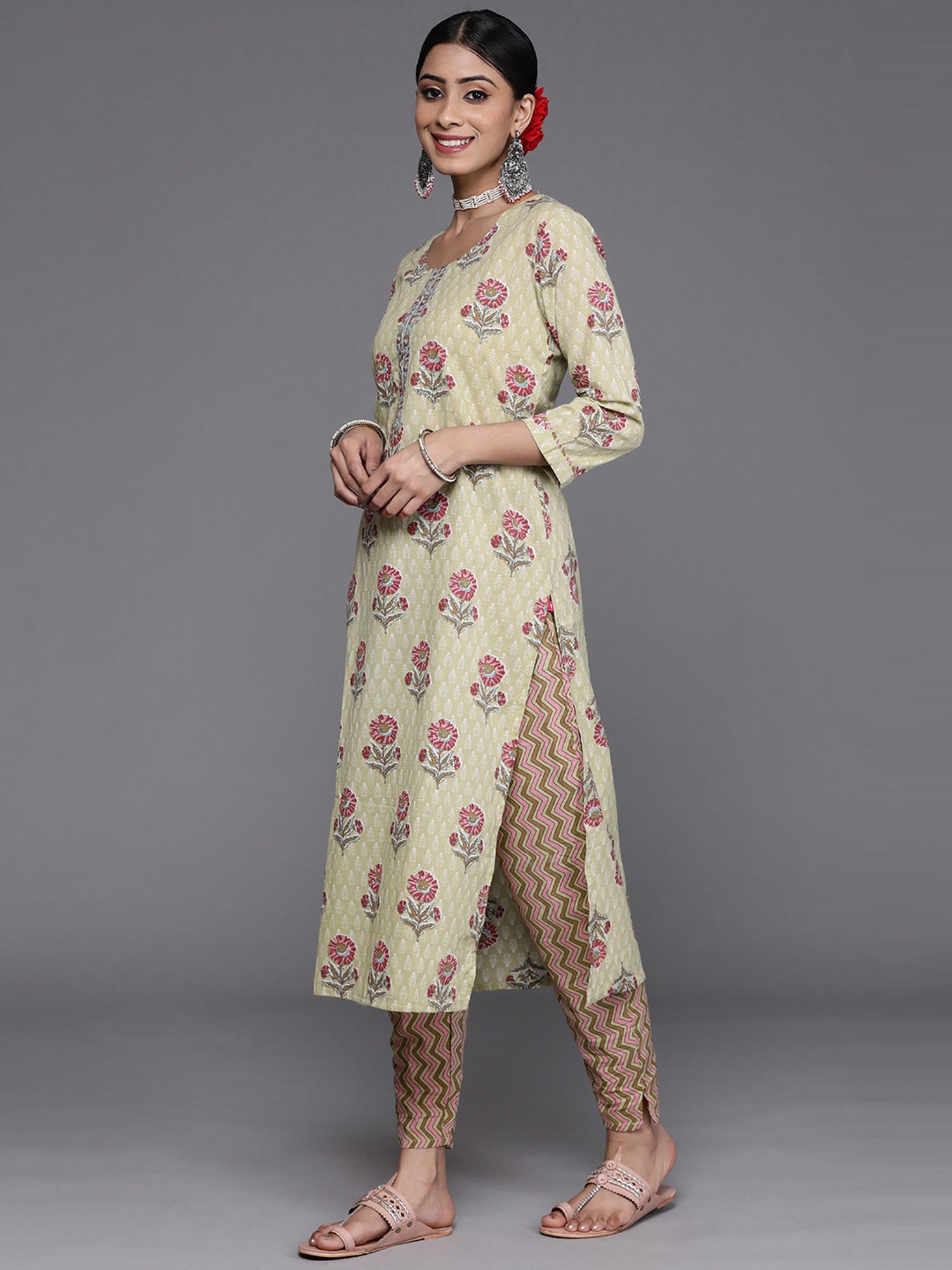 KSUT Green Cotton Printed Kurta Pant Set With Dupatta