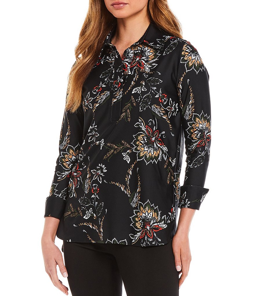 Jude Connally Hadley Melody Floral Print Jude Cloth 3/4 Roll-Tab Cuff Sleeve Point Collar Neck Tunic