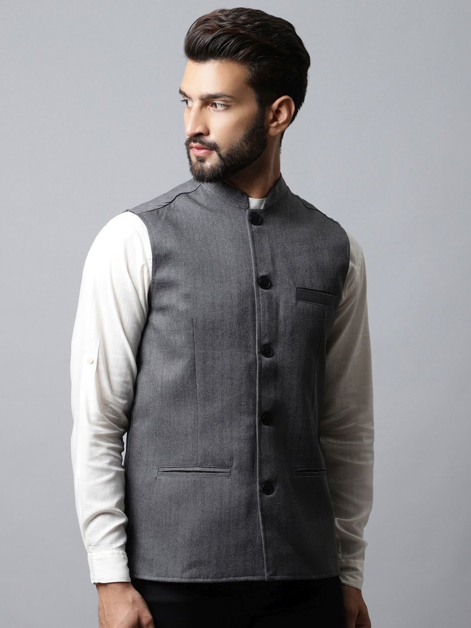 Even Grey Regular Fit Printed Nehru Jacket