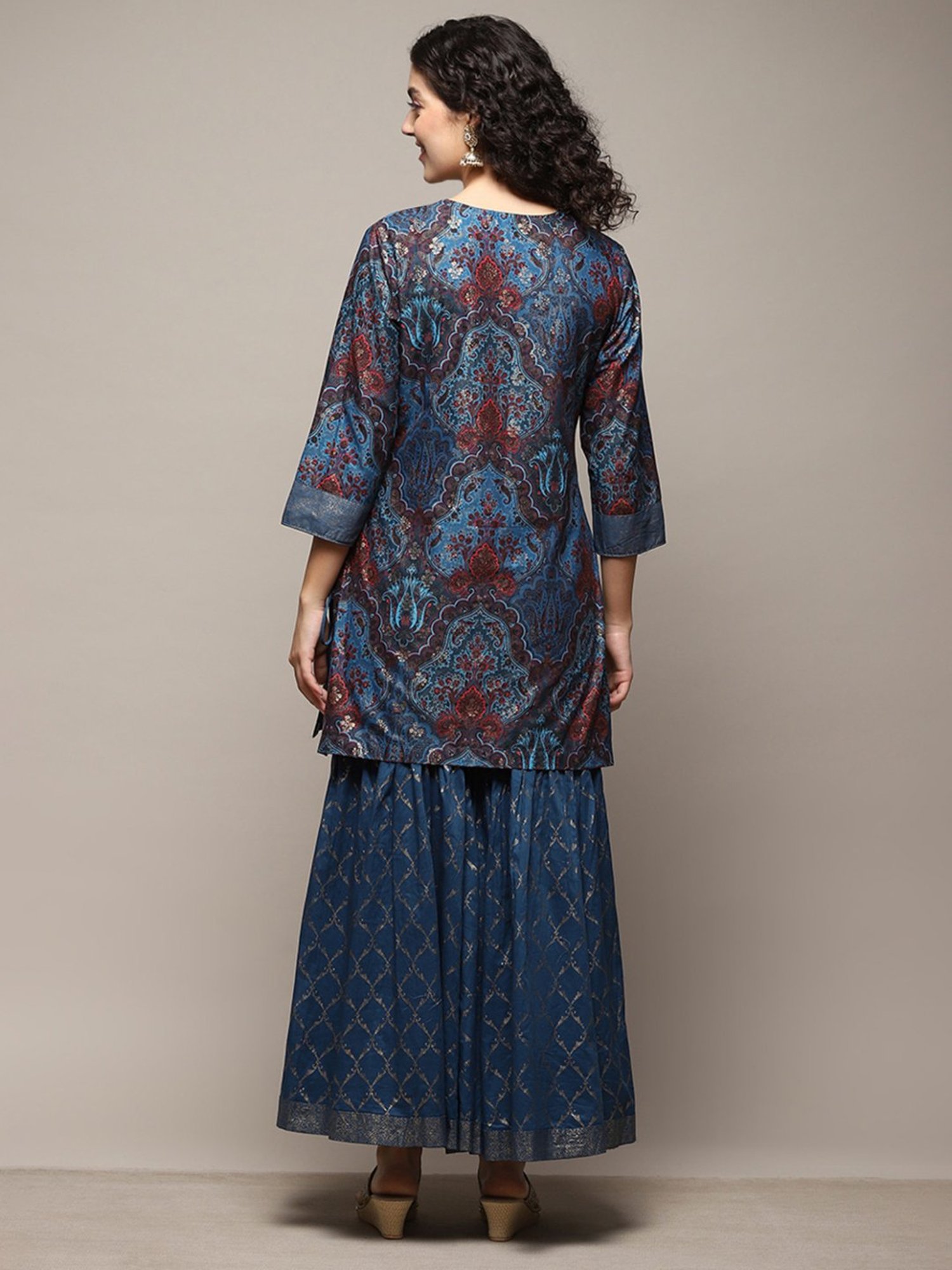 Biba Teal Blue Cotton Printed Kurti Sharara Set With Dupatta